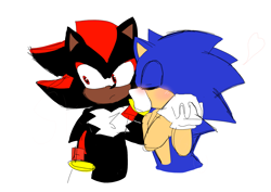 Size: 2085x1476 | Tagged: safe, artist:emptybrain36, shadow the hedgehog, sonic the hedgehog, 2024, blushing, covering mouth, cute, duo, eyes closed, flat colors, gay, hands together, looking away, looking offscreen, shadow x sonic, shadowbetes, shipping, simple background, sketch, sonabetes, white background