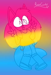 Size: 768x1124 | Tagged: safe, artist:rosecandyart, zooey the fox, 2024, alternate outfit, cute, eye clipping through hair, eyelashes, eyes closed, gradient background, mouth open, pansexual, pansexual pride, pride, pride flag, pride flag background, shirt, shoes, shorts, signature, zooeybetes