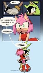 Size: 899x1520 | Tagged: safe, artist:sharks3ye, amy rose, surge the tenrec, 2024, comic, dialogue, duo, english text, gradient background, holding hands, hugging, lesbian, shipping, signature, speech bubble, surgamy, sweatdrop