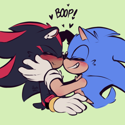 Size: 1080x1080 | Tagged: safe, artist:ghostie-juice, shadow the hedgehog, sonic the hedgehog, 2024, blushing, boop, cute, dawww, duo, ear fluff, eyes closed, gay, green background, hands on another's face, heart, leaning in, sfx, shadow x sonic, shadowbetes, shipping, simple background, smile, sonabetes, standing