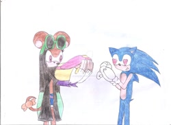 Size: 1048x762 | Tagged: safe, artist:thunder-the-mouse, sonic the hedgehog, oc, oc:thunder dark the hedgemouse, traditional media