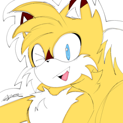 Size: 2048x2048 | Tagged: safe, artist:neko-sky20089, miles "tails" prower, 2024, looking at viewer, mouth open, one fang, signature, simple background, smile, solo, white background, wink