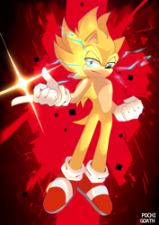 Size: 980x1386 | Tagged: safe, artist:cokkiiee, sonic the hedgehog, super sonic 2, sonic frontiers, 2023, abstract background, clenched fist, finger snap, frown, lidded eyes, looking at viewer, redraw, signature, solo, super form