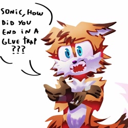 Size: 1080x1080 | Tagged: safe, artist:bouchu00x, miles "tails" prower, 2023, arms folded, brown gloves, dialogue, english text, fangs, floppy ears, implied sonic, lineless, messy fur, mouth open, offscreen character, solo, standing, talking to offscreen character