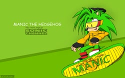 Size: 900x563 | Tagged: safe, artist:jessicap0p, manik the hedgehog, hedgehog, boots, fingerless gloves, gloves, goggles, green fur, jacket, male, red eyes, skateboard, solo