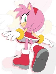 Size: 1013x1333 | Tagged: suggestive, artist:secretter_zgwl, amy rose, amy's halterneck dress, echo background, looking at viewer, looking back, looking back at viewer, panties, signature, smile, solo, upskirt