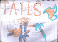 Size: 1048x762 | Tagged: safe, artist:thunder-the-mouse, miles "tails" prower, fox, blue eyes, boots, gloves, male, orange fur, solo, traditional media, vest