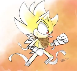 Size: 480x445 | Tagged: safe, artist:sarahlouiseghost, sonic the hedgehog, super sonic, clenched fists, frown, gradient background, looking offscreen, side view, signature, solo, sonic boom (tv), standing, super form