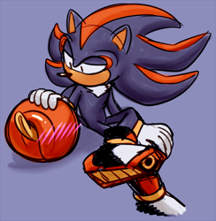 Size: 600x614 | Tagged: safe, artist:virune, mighty the armadillo, shadow the hedgehog, blushing, curled up, duo, flustered, gay, lidded eyes, looking at them, mightadow, purple background, shipping, simple background, sitting