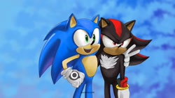 Size: 2048x1152 | Tagged: safe, artist:sanicpanic98, shadow the hedgehog, sonic the hedgehog, sonic prime, abstract background, arm around shoulders, duo, frown, gay, hand on hip, looking ahead, looking offscreen, mouth open, redraw, shadow x sonic, shipping, signature, smile, sonic prime s3, standing, v sign