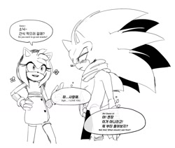 Size: 1280x1082 | Tagged: safe, artist:si9bb, amy rose, sonic the hedgehog, amy x sonic, duo, greyscale, korean text, monochrome, shipping, sonic boom (tv), straight, thought bubble