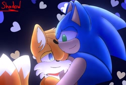 Size: 2048x1390 | Tagged: safe, artist:oshadowh, miles "tails" prower, sonic the hedgehog, 2024, black background, duo, gay, heart, hugging, shipping, signature, simple background, smile, sonic x tails, standing