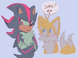 Size: 2032x1528 | Tagged: safe, artist:dogdaysc, miles "tails" prower, shadow the hedgehog, 2024, :o, arms folded, blue background, blushing, cute, dialogue, duo, frown, gay, looking at them, mouth open, shadails, shadow is not amused, shipping, simple background, speech bubble, standing, tailabetes, wagging tail