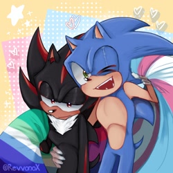 Size: 1968x1968 | Tagged: safe, artist:revvonox, shadow the hedgehog, sonic the hedgehog, 2023, abstract background, bisexual, bisexual pride, blushing, duo, fangs, gay, gay pride, heart, lidded eyes, looking at viewer, mlm pride, mouth open, pride, pride flag, shadow x sonic, shipping, signature, smile, standing, trans male, trans pride, transgender, wink