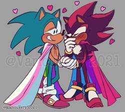 Size: 1608x1447 | Tagged: safe, artist:variouvery, shadow the hedgehog, sonic the hedgehog, 2021, bisexual, bisexual pride, blushing, cape, covering face, duo, eyes closed, flustered, gay, gay pride, grey background, heart, holding hands, obtrusive watermark, pride, shadow x sonic, shipping, signature, simple background, smile, standing, standing on one leg, trans female, trans pride, transgender, watermark