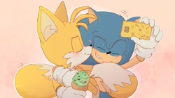 Size: 1920x1080 | Tagged: safe, artist:_nav_o, miles "tails" prower, sonic the hedgehog, 2024, abstract background, arm around shoulders, blushing, cute, duo, eyes closed, gay, heart, holding each other, holding something, ice cream, outline, phone, selfie, shipping, signature, smile, sonabetes, sonic x tails, standing, tail hug, tailabetes, wholesome