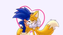 Size: 1920x1080 | Tagged: safe, artist:jeffydust, miles "tails" prower, sonic the hedgehog, 2024, blushing, cute, duo, eyes closed, gay, grey background, hands on another's face, heart, holding each other, shipping, simple background, smile, sonic x tails, standing, tail hug, wagging tail