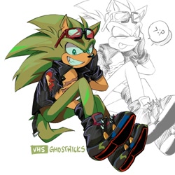 Size: 2000x2000 | Tagged: safe, artist:vhsghostricks, scourge the hedgehog, 2024, echo background, looking at viewer, signature, sitting, smile, solo, wink