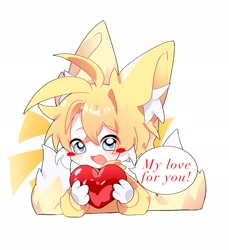 Size: 1879x2048 | Tagged: safe, artist:soba_kt, miles "tails" prower, human, 2024, blushing, cute, dialogue, ear fluff, english text, eye clipping through hair, eyebrow clipping through hair, heart, holding something, humanized, looking offscreen, mouth open, simple background, solo, speech bubble, tailabetes, white background