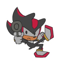 Size: 1202x1202 | Tagged: safe, artist:ughhhh1110, shadow the hedgehog, chibi, frown, gun, holding something, pointing gun at viewer, simple background, solo, white background