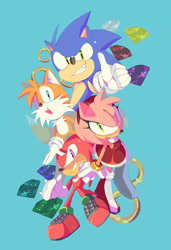 Size: 828x1213 | Tagged: safe, artist:xyrali, amy rose, knuckles the echidna, miles "tails" prower, sonic the hedgehog