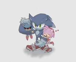 Size: 1280x1046 | Tagged: safe, artist:pita_b882, amy rose, metal sonic, sonic the hedgehog, amy x sonic, grey background, heart, robot, shadow (lighting), shipping, simple background, sonic the werehog, standing, straight, trio, were form, werehog