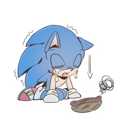 Size: 1380x1380 | Tagged: safe, artist:chilidog_16, sonic the hedgehog, arrow, crying, eyes closed, food, hot dog, kneeling, solo, tears, tears of sadness