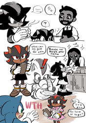 Size: 699x992 | Tagged: safe, artist:mori3322, agent stone, maddie wachowski, shadow the hedgehog, sonic the hedgehog, human, cafe, crossdressing, cup, dress, english text, group, speech bubble