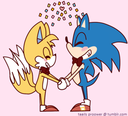 Size: 758x685 | Tagged: safe, artist:taails-proower-blog, miles "tails" prower, sonic the hedgehog, blushing, bowtie, confetti, cute, duo, eyes closed, flat colors, gay, holding hands, pink background, shipping, signature, simple background, smile, sonabetes, sonic x tails, standing, tailabetes