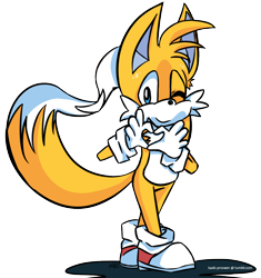 Size: 986x1050 | Tagged: safe, artist:taails-proower-blog, miles "tails" prower, heart hands, heart tail, looking at viewer, shadow (lighting), signature, simple background, smile, solo, standing, transparent background, wink