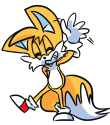 Size: 1057x1200 | Tagged: safe, artist:taails-proower-blog, miles "tails" prower, eyes closed, hands behind back, simple background, smile, standing on one leg, waving, white background