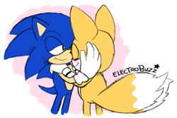 Size: 911x608 | Tagged: safe, artist:electrobuzz, miles "tails" prower, sonic the hedgehog, abstract background, blushing, duo, eyes closed, gay, holding each other, hugging, lidded eyes, looking at them, shipping, signature, smile, sonic x tails, standing, star (symbol)