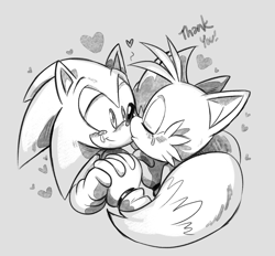 Size: 1280x1189 | Tagged: safe, artist:guidemyfire-blog, miles "tails" prower, sonic the hedgehog, blushing, crying, cute, duo, english text, eyes closed, gay, grey background, greyscale, heart, holding hands, kiss, looking at them, monochrome, shipping, simple background, smile, sonabetes, sonic x tails, tailabetes, tears, tears of happiness