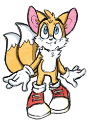 Size: 1200x1646 | Tagged: safe, artist:cocokoalatea, miles "tails" prower, freckles, looking offscreen, one fang, pink ears, simple background, smile, solo, standing, white background