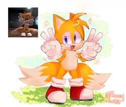 Size: 1611x1369 | Tagged: safe, artist:yunahedgehog2, miles "tails" prower, 2024, cute, double v sign, grass, looking at viewer, mouth open, one fang, posing, redraw, reference inset, shadow the hedgehog (video game), signature, smile, solo, standing, tailabetes, v sign, victory pose