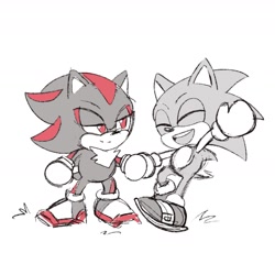 Size: 1745x1745 | Tagged: safe, artist:captainmika, shadow the hedgehog, sonic the hedgehog, 2024, chibi, cute, duo, eyes closed, gay, grass, greyscale, holding hands, lidded eyes, looking at them, monochrome, shadow x sonic, shadowbetes, shipping, simple background, smile, sonabetes, standing, white background