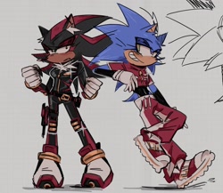 Size: 2048x1776 | Tagged: safe, artist:rozer0ry_, shadow the hedgehog, sonic the hedgehog, 2024, alternate outfit, clenched teeth, clothes, duo, frown, gender swap, grey background, lesbian, posing, r63 shipping, shadow x sonic, shipping, simple background, smile, standing