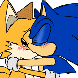 Size: 2048x2048 | Tagged: safe, miles "tails" prower, sonic the hedgehog, 2024, alternate version, anonymous artist, blushing, duo, eyes closed, gay, holding each other, kiss, mobius.social exclusive, shipping, simple background, sketch, sonic x tails, standing, white background