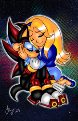 Size: 3300x5100 | Tagged: safe, artist:jayfoxfire, maria robotnik, shadow the hedgehog, human, 2024, abstract background, cute, duo, eye clipping through hair, eyebrow clipping through hair, eyes closed, kneeling, outline, signature, sitting, smile