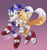 Size: 1280x1355 | Tagged: safe, artist:unhinged_honey, miles "tails" prower, sonic the hedgehog, 2021, cute, deviantart watermark, duo, eyes closed, gay, gradient background, hand on head, heart tail, holding another's arm, looking at viewer, obtrusive watermark, shipping, signature, smile, sonic x tails, tailabetes, watermark