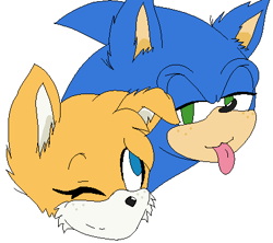 Size: 432x384 | Tagged: safe, artist:skylaprower, miles "tails" prower, sonic the hedgehog, 2011, duo, eyelashes, flat colors, freckles, gay, head only, lidded eyes, looking at them, looking at viewer, pixel art, shipping, simple background, smile, sonic x tails, tongue out, white background, wink