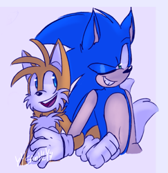 Size: 819x841 | Tagged: safe, artist:yysamhlyy, miles "tails" prower, sonic the hedgehog, 2019, clenched teeth, duo, grey background, linking arms, looking at each other, mouth open, signature, simple background, smile, wink