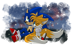 Size: 2463x1537 | Tagged: safe, artist:andrillia, miles "tails" prower, sonic the hedgehog, 2011, arm around shoulders, duo, grass, looking at them, looking at viewer, nighttime, one eye closed, outdoors, semi-transparent background, sitting, smile, star (sky)