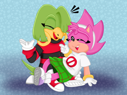 Size: 4096x3072 | Tagged: safe, artist:dragon22551, amy rose, tekno the canary, 2023, abstract background, duo, eyes closed, fleetway amy, laughing, lesbian, lying down, mouth open, shipping, sitting, smile, teknamy