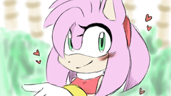 Size: 1920x1080 | Tagged: safe, artist:yunworld, amy rose, 2024, abstract background, blushing, heart, looking at viewer, smile, solo