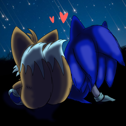 Size: 2048x2048 | Tagged: safe, miles "tails" prower, sonic the hedgehog, 2024, abstract background, anonymous artist, blue shoes, date, duo, gay, heart, holding them, mobius.social exclusive, nighttime, outdoors, shipping, sitting, sonic x tails, stargazing