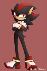 Size: 793x1190 | Tagged: safe, artist:sleepygrim, shadow the hedgehog, 2016, arms folded, frown, looking at viewer, red background, signature, simple background, solo, standing