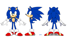 Size: 1655x992 | Tagged: safe, artist:ballad of gilgalad, sonic the hedgehog, back view, front view, reference sheet, side view, signature, simple background, smile, solo, white background