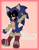 Size: 1245x1600 | Tagged: safe, artist:eduarth, sonic the hedgehog, oc, oc:sonic.exe, 2023, alternate universe, au:the curse, black blood, black sclera, bleeding, bleeding from eyes, boots, border, chest fluff, cute, ear piercing, earring, english text, heart, mouth open, pink background, signature, simple background, smile, solo, standing on one leg, top surgery scars, torn gloves, trans male, transgender, v sign