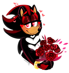 Size: 791x837 | Tagged: safe, artist:beastofeuthanasia, shadow the hedgehog, 2019, floating eyebrows, flower, flower bouquet, gloves off, holding something, lidded eyes, looking at viewer, one fang, rose, signature, simple background, smile, solo, valentine's day, white background